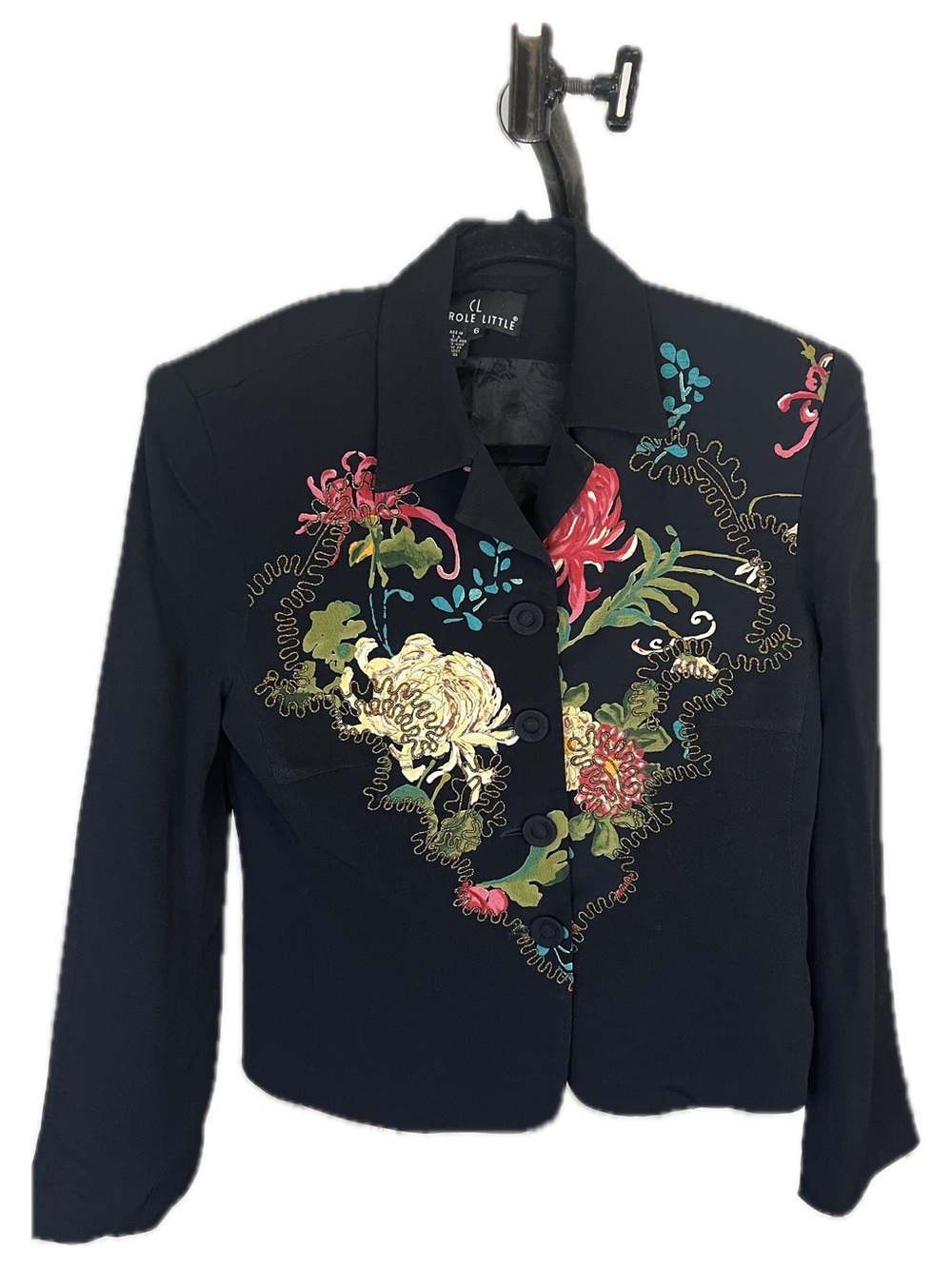 Carole Little Vintage 90s Black Cropped Blazer with Multicolor Floral Embroidery